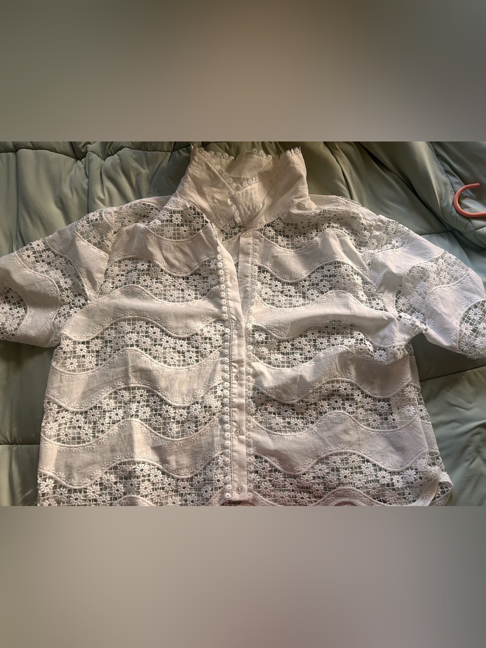 Ultra Pink White Eyelet Wave Lace Button-Up Blouse